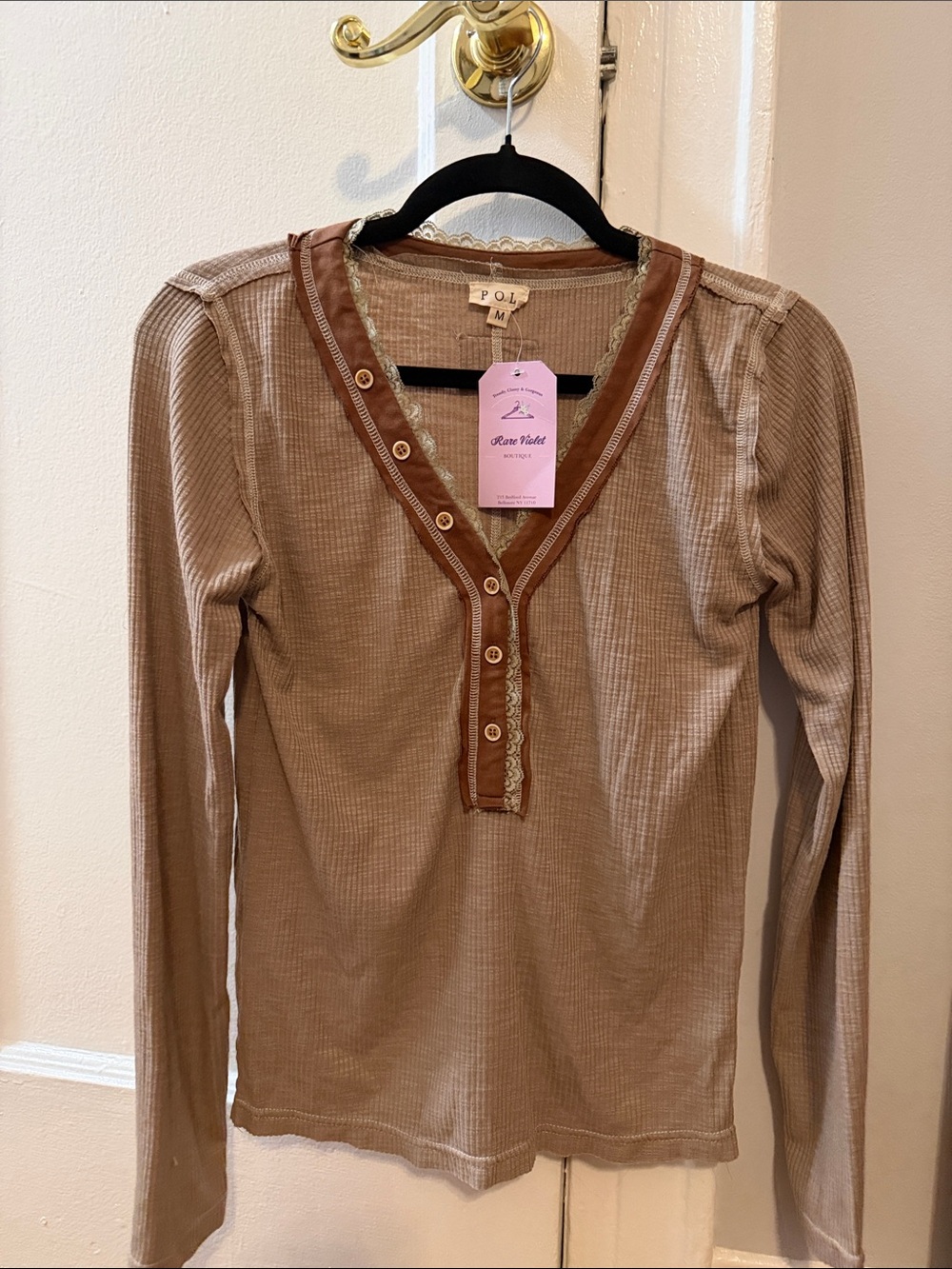 POL Taupe Ribbed Long-Sleeve Henley Top with Rust Trim